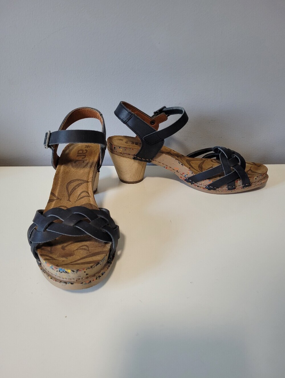 The Art Company Black Leather Braided Wood Heel Sandals, Size 40